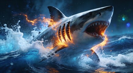 Abstract apex great white shark gill slits venting plasma fire, breach apex composition, ocean spray