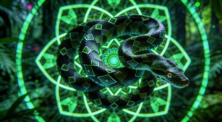 Hypnotic Python Coil Mandala in Psychedelic Geometric Jungle Style - AI-generated illustration