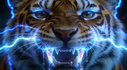 Abstract dangerous big cat tiger fangs dripping ethereal plasma, close-up piercing gaze composition,