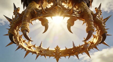 Abstract fierce predator eagle talons as thorny crown, regal overhead composition, solar flare golde