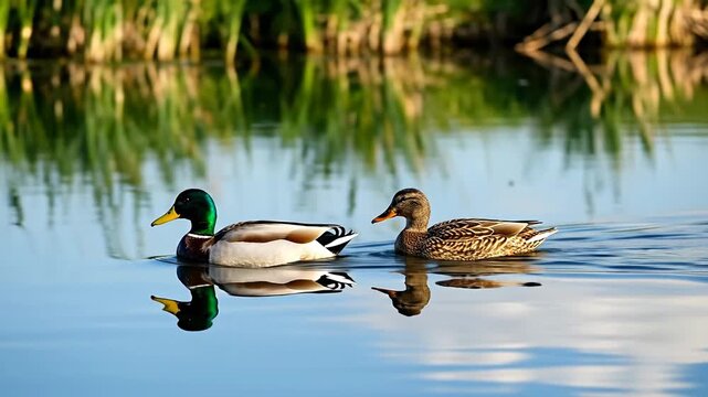 Two ducks swimming peacefully in a serene pond with reflections.