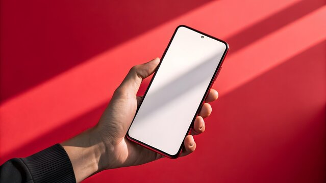 Hand Holding iPhone Mockup with Blank White Screen on Red Background