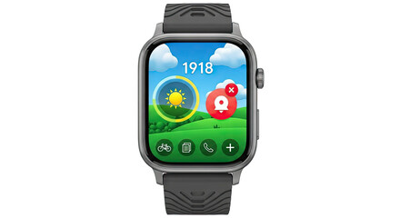 Fototapeta premium Smartwatch displaying weather and activity icons on a green landscape background