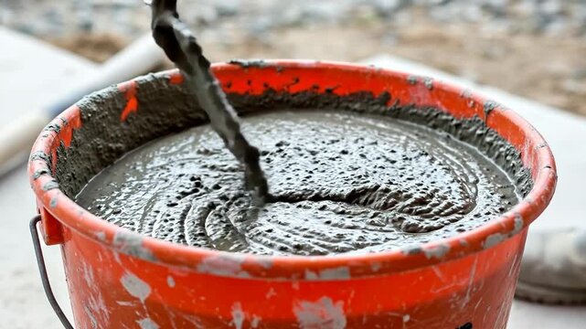A hand mixing cement in an orange bucket, showcasing construction work.