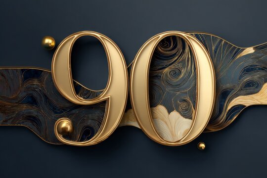 Elegant Golden 90 with Artistic Waves and Orbs on Dark Background