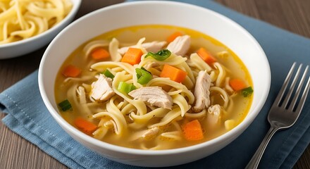 Comforting Chicken Noodle Soup with Carrots and Fresh Herbs.
