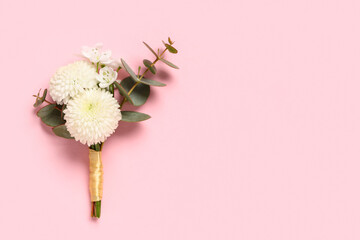Beautiful boutonniere on pink background, closeup © Pixel-Shot