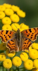 Obraz premium Comma Butterfly on Yellow Flowers - A Vibrant Close-Up.