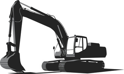 Black excavator construction machine silhouette, heavy crawler digger equipment for building, mining and earthmoving projects isolated on white background. © Khoteza