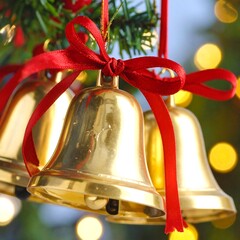 Three gold bells hang with red ribbon bows against a softly blurred background with bokeh lights and greenery