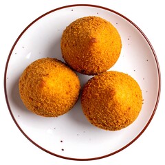 Three golden fried food spheres on a dotted white plate with brown rim, viewed from above