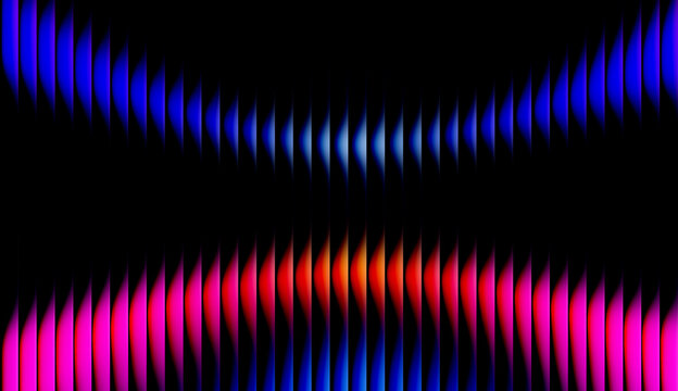 Abstract digital art background with glowing blue and pink vertical light bars on a dark base. Creative vibrant geometric waveform with neon color gradients and energy pulses.