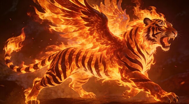 Abstract Fiery Tiger Flames Erupting in Phoenix Rebirth Style - AI-generated illustration