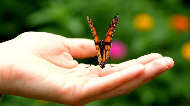 Monarch butterfly resting on a human hand in a garden.