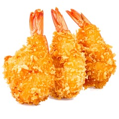 Three golden-brown, crispy-fried shrimp stand upright, revealing their tails against a clean white backdrop