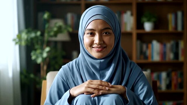 Young Muslim woman wearing hijab meditating peacefully indoors with eyes closed.