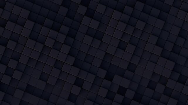 A seamless 3D render loop of dark, monochromatic charcoal cubic blocks shifting in a diagonal grid pattern with subtle vertical movement.