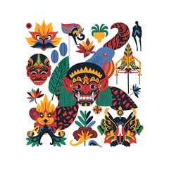 Obraz premium Vibrant illustration of mythical creatures and masks