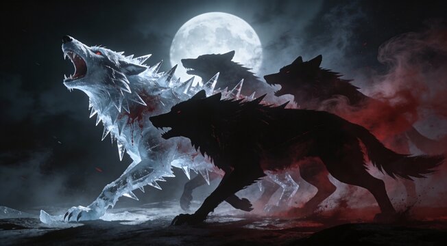 Abstract epic carnivore wolf pack shadows merging into a single howling entity of ice spikes and blo