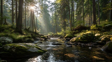 Obraz premium Serene forest stream flowing through mossy rocks and trees under sunlight