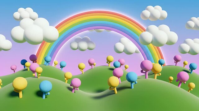Colorful Candy Trees and Rainbow Landscape for Gamified Learning - 3D Illustration
