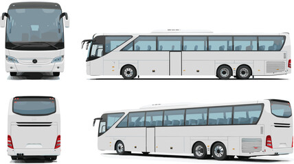 White luxury tour bus vector mockup set with multiple views for travel agency tourism transport and long distance charter service isolated on white background © Itz Majbahuil Here