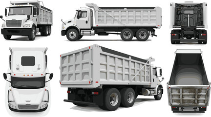 White heavy duty dump truck 3D vector mockup set with multiple views for construction industry logistics and freight transport isolated on white background design © Itz Majbahuil Here