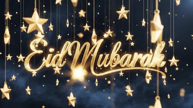 Golden Eid Mubarak greeting text elegantly displayed amidst numerous hanging star ornaments creating a festive and spiritual religious holiday celebration atmosphere