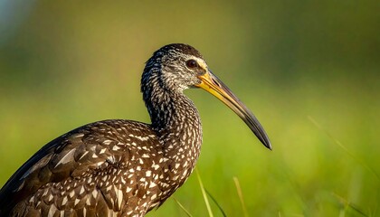 Obraz premium Close-up of a brown bird with long beak, in green field, soft focus