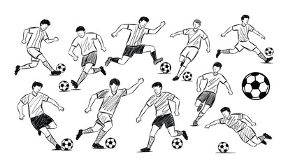 Black and white sketch of soccer players in various action poses with soccer balls football sport © AshrafStore