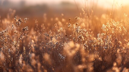 A serene meadow filled with wildflowers swaying gently in the warm sunlight at sunrise from a low viewpoint