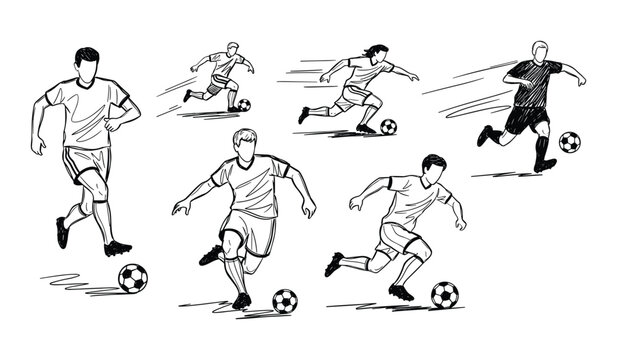 Hand drawn sketch of soccer players in action with footballs on white background sport game