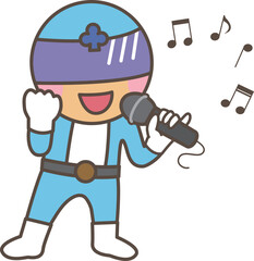 Obraz premium ヒーロー風コスチュームの人物がマイクを持って歌っているポーズ