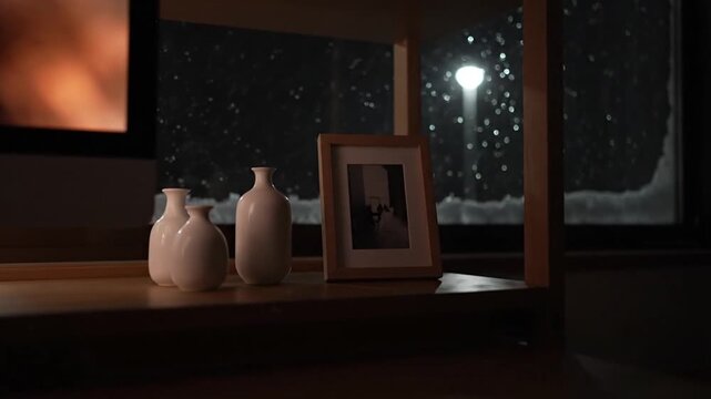A static, cozy view during a heavy nighttime snowstorm. White vases and a framed photo rest on a shelf against a dark window, while warm, ambient firelight glows from flanking screens.