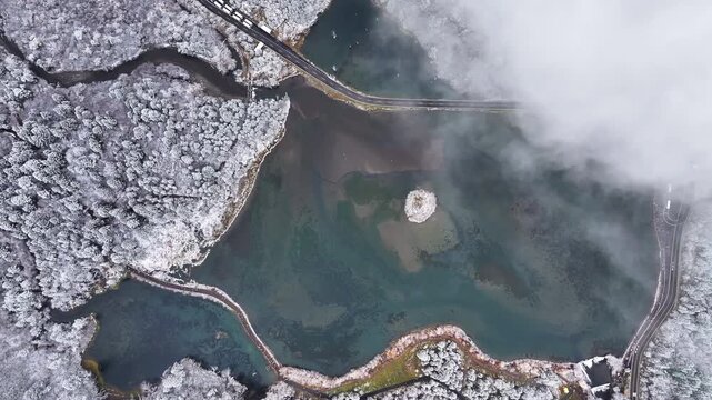 Aerial View of Misty Lake and Frosted Forest in Bipenggou, Western Sichuan