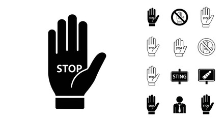 A graphic design of a stop bullying campaign with a bold black hand displaying 'STOP' and various anti-bullying icons on a clean white background, promoting kindness and respect.