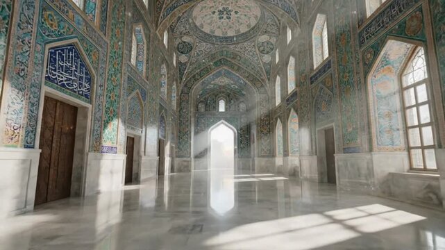 Stunningly intricate historic mosque interior featuring magnificent vaulted ceilings and vibrant mosaic tilework illuminated by dramatic sunbeams streaming through tall arched windows.