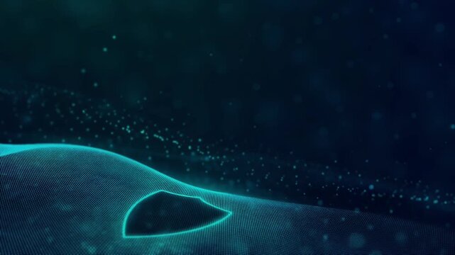 Futuristic Cyan Data Mesh Wave with Floating Particles on Dark Background
