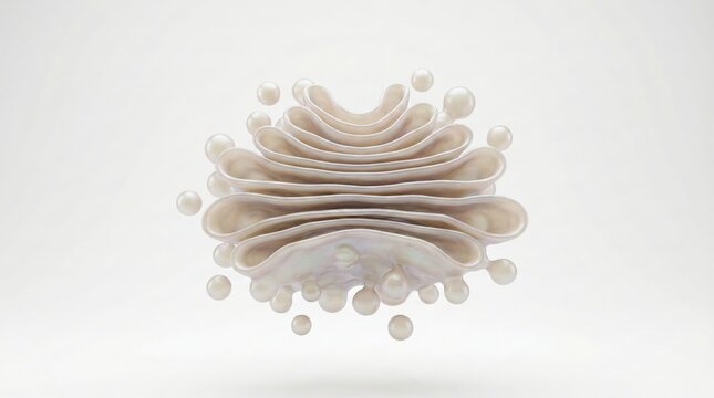 A 3D illustration of the Golgi apparatus, a vital organelle within eukaryotic cells, responsible for modifying, sorting, and packaging proteins and lipids.