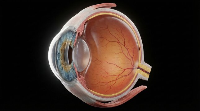 Detailed anatomical cross-section of the human eye showing internal structures.