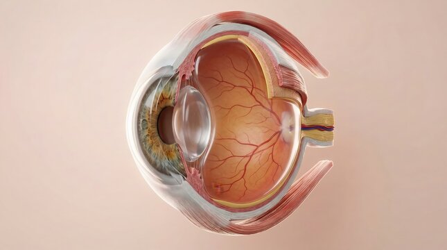 Detailed anatomical cross-section of a human eye showing internal structures like the lens, retina, and optic nerve.