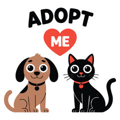 Adopt me dont buy dog cat pet adoption puppy pooch kitty cat looking up to red heart flat design helping homeless animal awareness concept © Nass Studio
