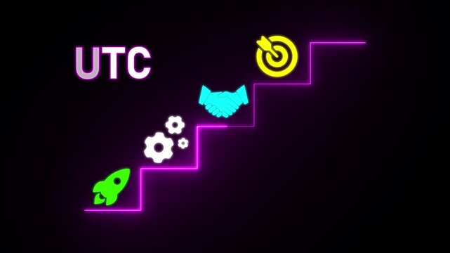 UTC acronym with rocket gears handshake and target on neon stairs against dark background image photo