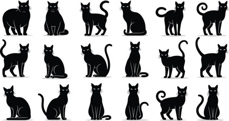 Vector set of black cat silhouettes in various poses including standing sitting and walking for halloween decorations feline pet animal and nature design © Azufa