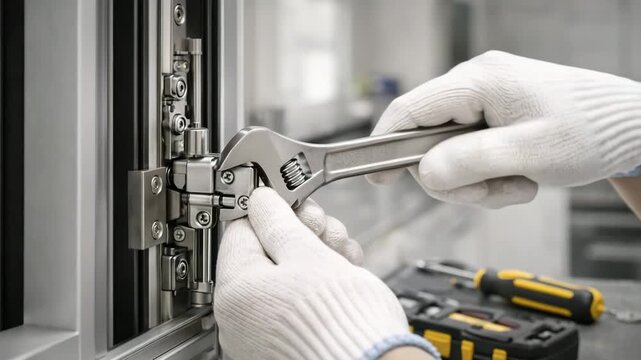 Hands in gloves tightening hinge with adjustable wrench