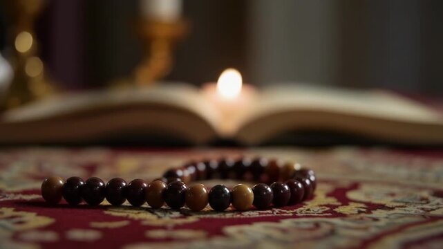 Islamic prayer beads on red rug with blurred open Quran and candlelight background