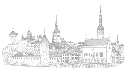 Fototapeta premium Historic Cityscape, Architectural Marvels, Medieval Ambiance, Illustration on Greens Screen Background