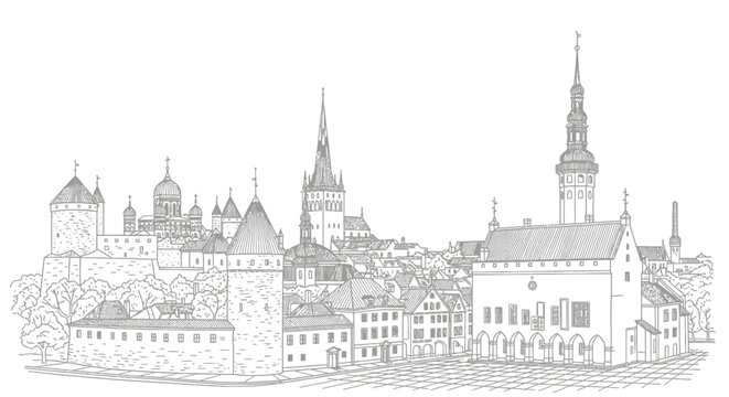 Historic Cityscape, Architectural Marvels, Medieval Ambiance, Illustration on Greens Screen Background