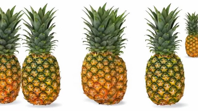 Several pineapples with spiky leaves stand on a stark white background with shadows & mirrored image