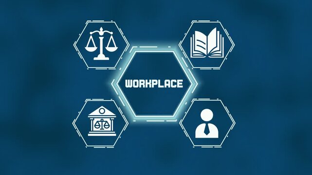  Workplace law and employee relations concept. HR management, labor rights, and business compliance icons on dark blue background.

